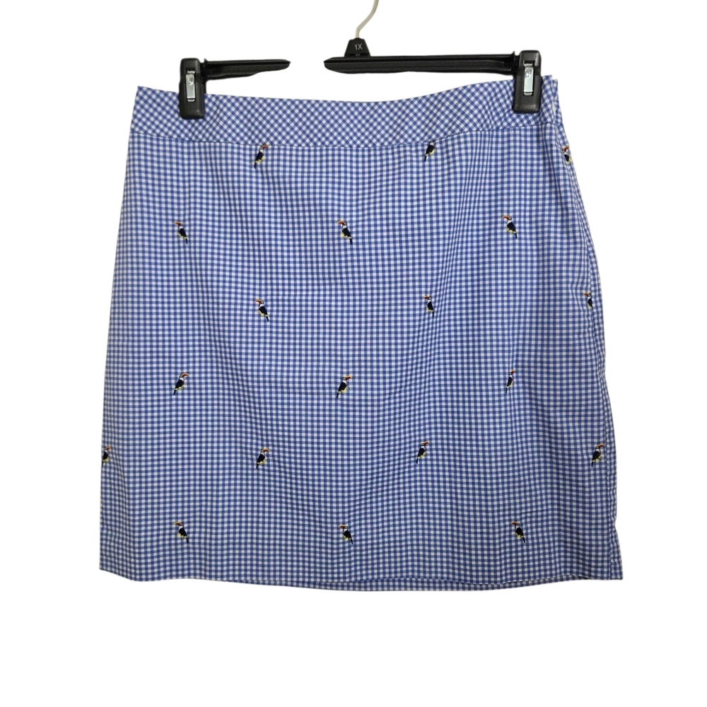 Talbots Blue Gingham A-Line Skirt with Embroidered Toucans NWOT